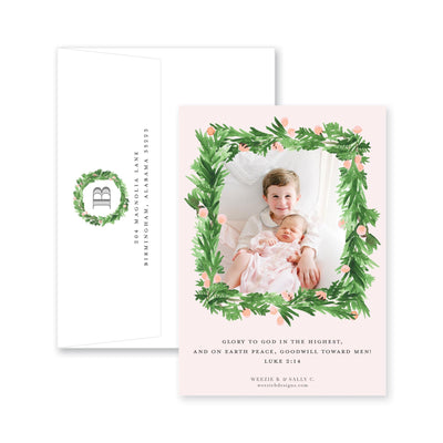 Evergreen Wreath with Berries Christmas Card