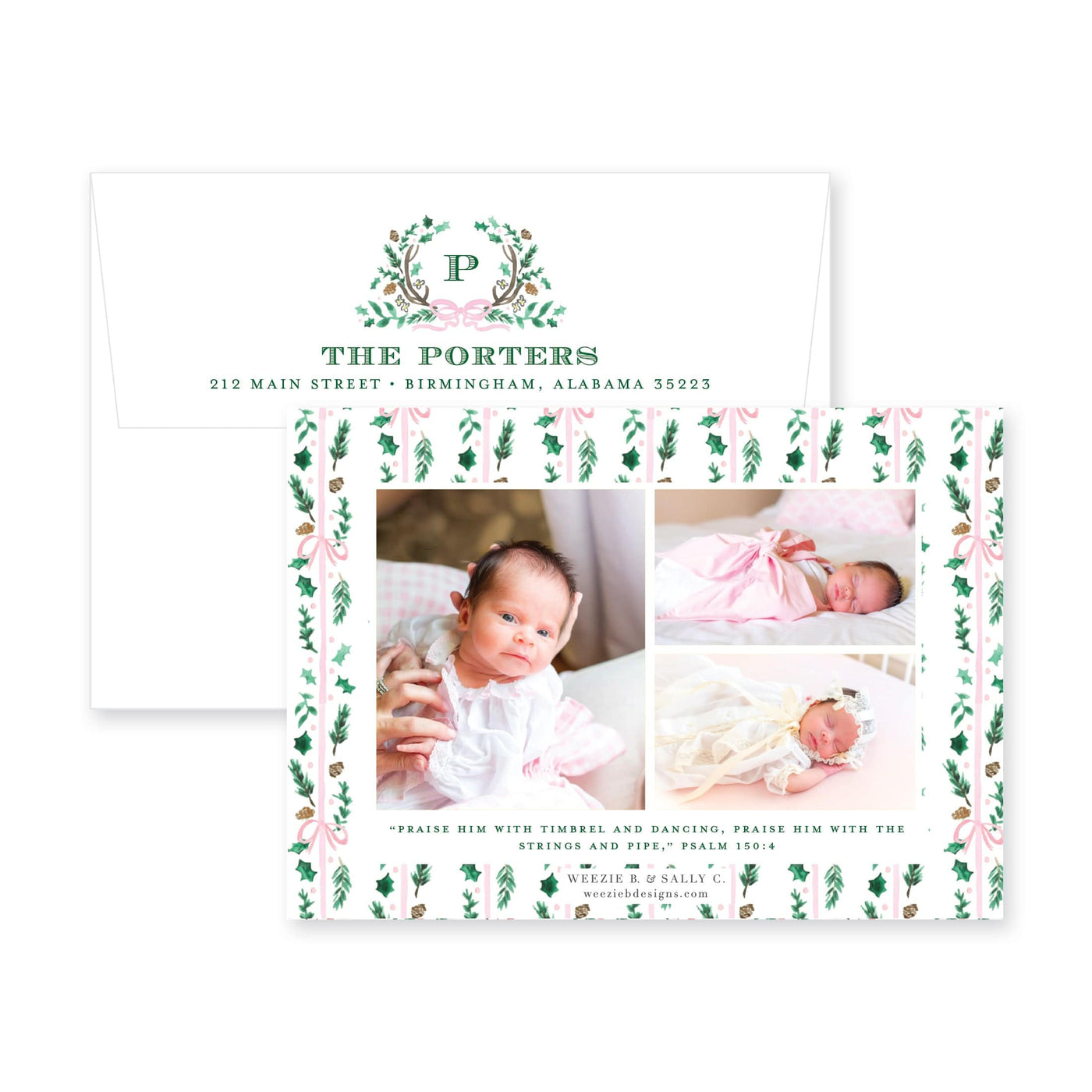 Holly Evergreen Crest Horizontal Christmas Card