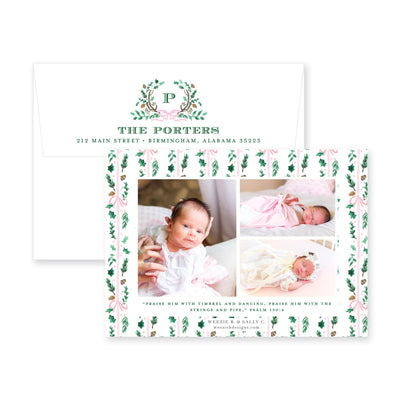 Holly Evergreen Crest Horizontal Christmas Card