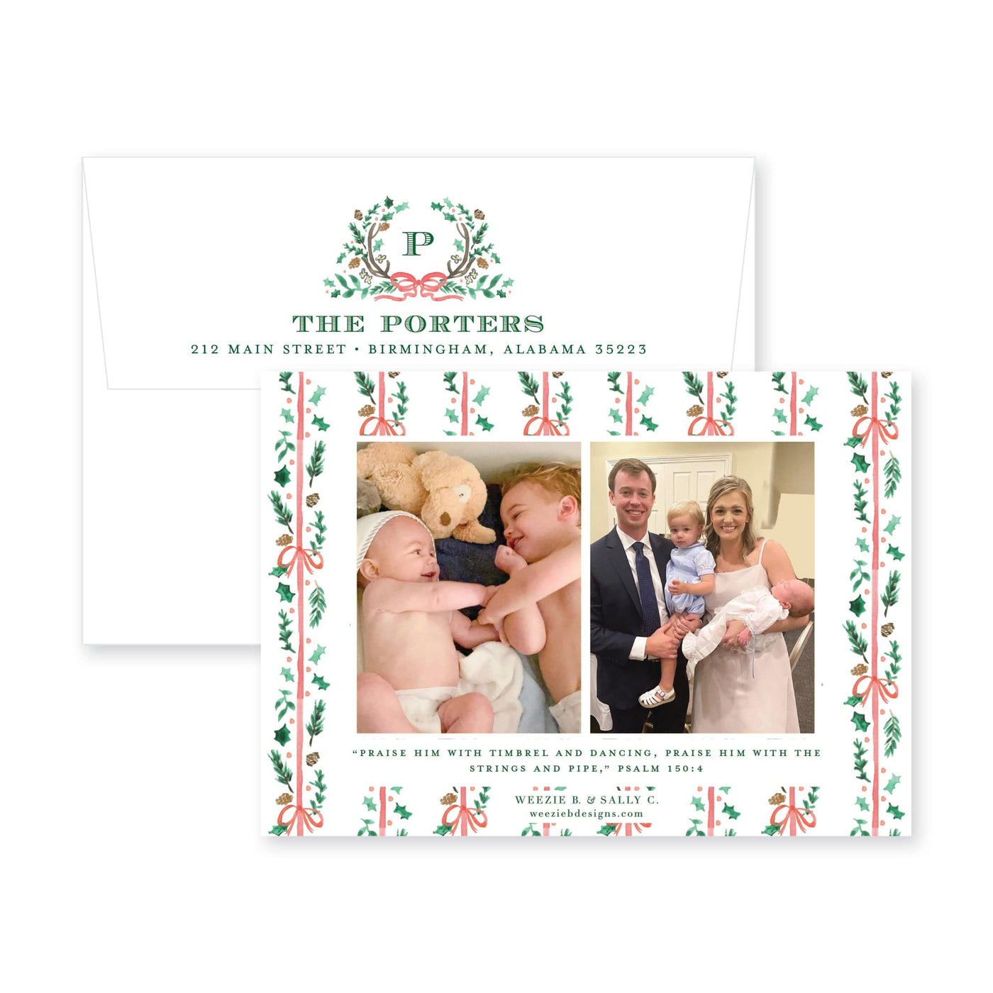 Holly Evergreen Crest Horizontal Christmas Card