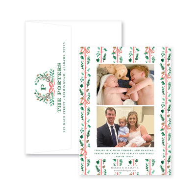 Holly Evergreen Crest Vertical Christmas Card