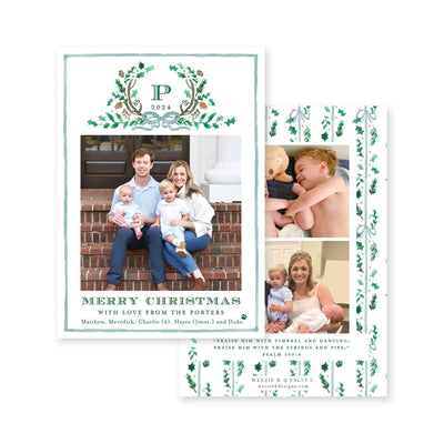 Holly Evergreen Crest Vertical Christmas Card