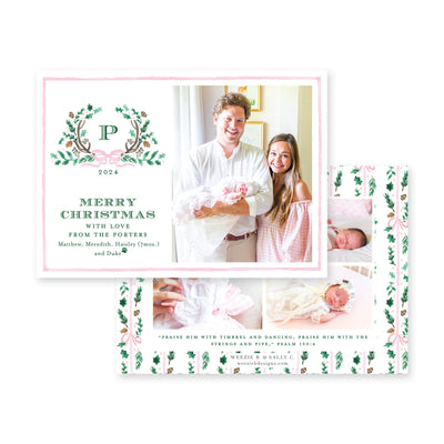 Holly Evergreen Crest Horizontal Christmas Card