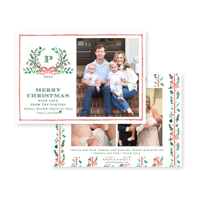 Holly Evergreen Crest Horizontal Christmas Card