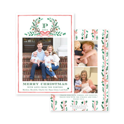 Holly Evergreen Crest Vertical Christmas Card