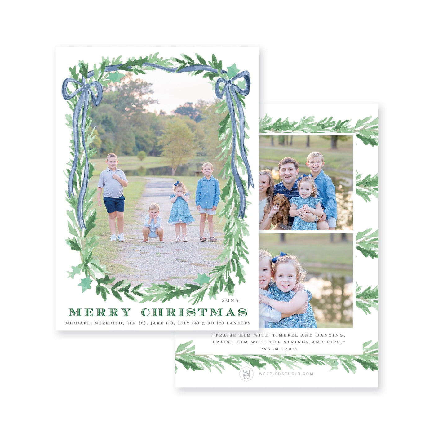 Evergreen Garland Bow Vertical Christmas Card