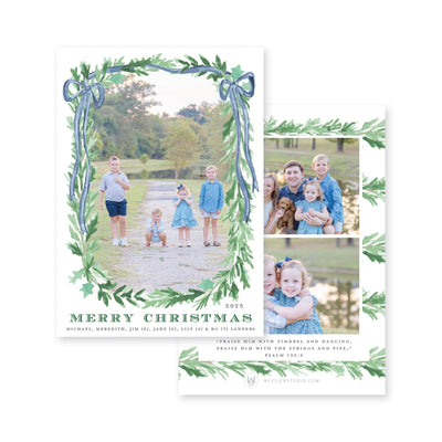Evergreen Garland Bow Vertical Christmas Card