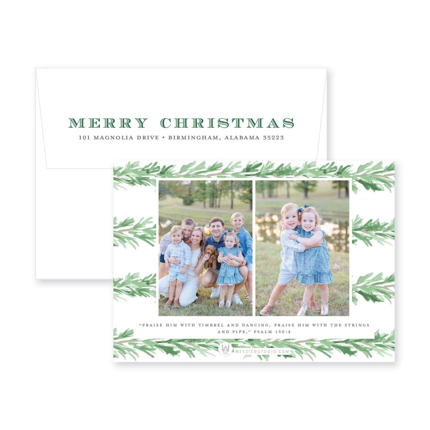Evergreen Garland Bow Horizontal Christmas Card