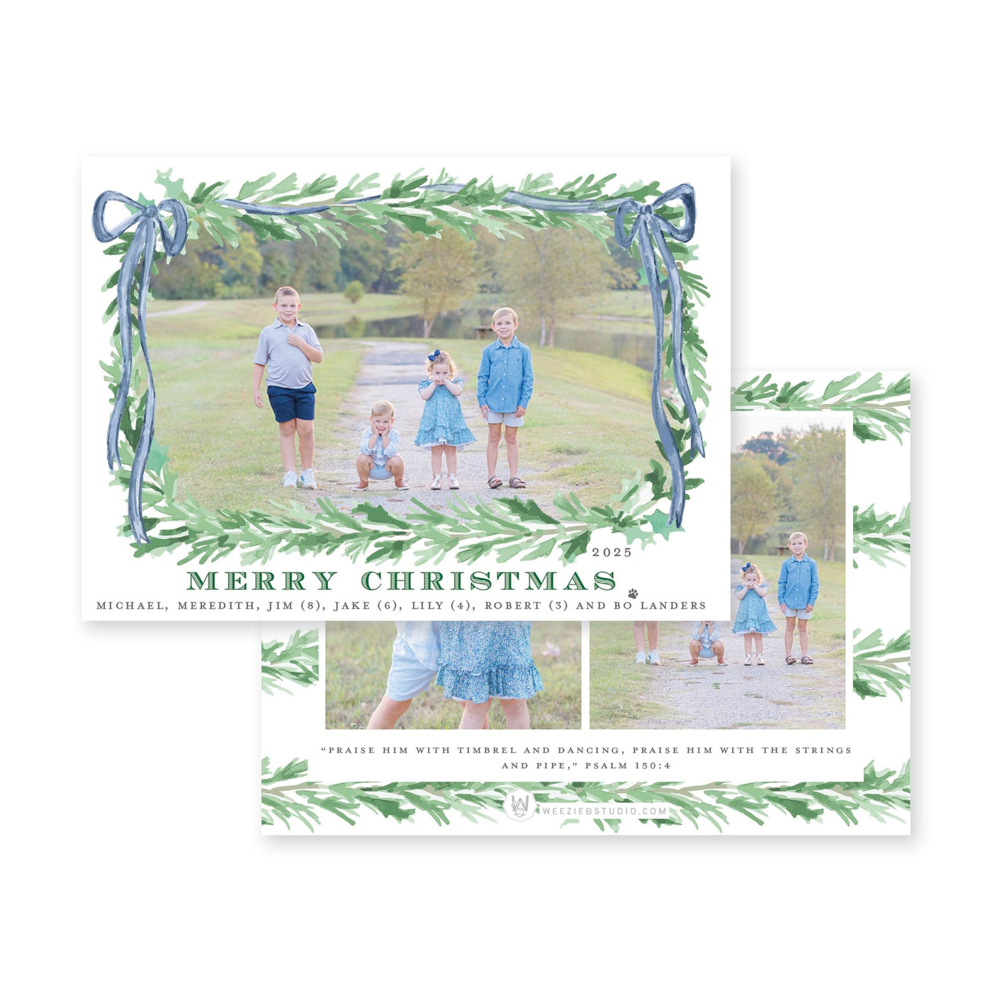 Evergreen Garland Bow Horizontal Christmas Card