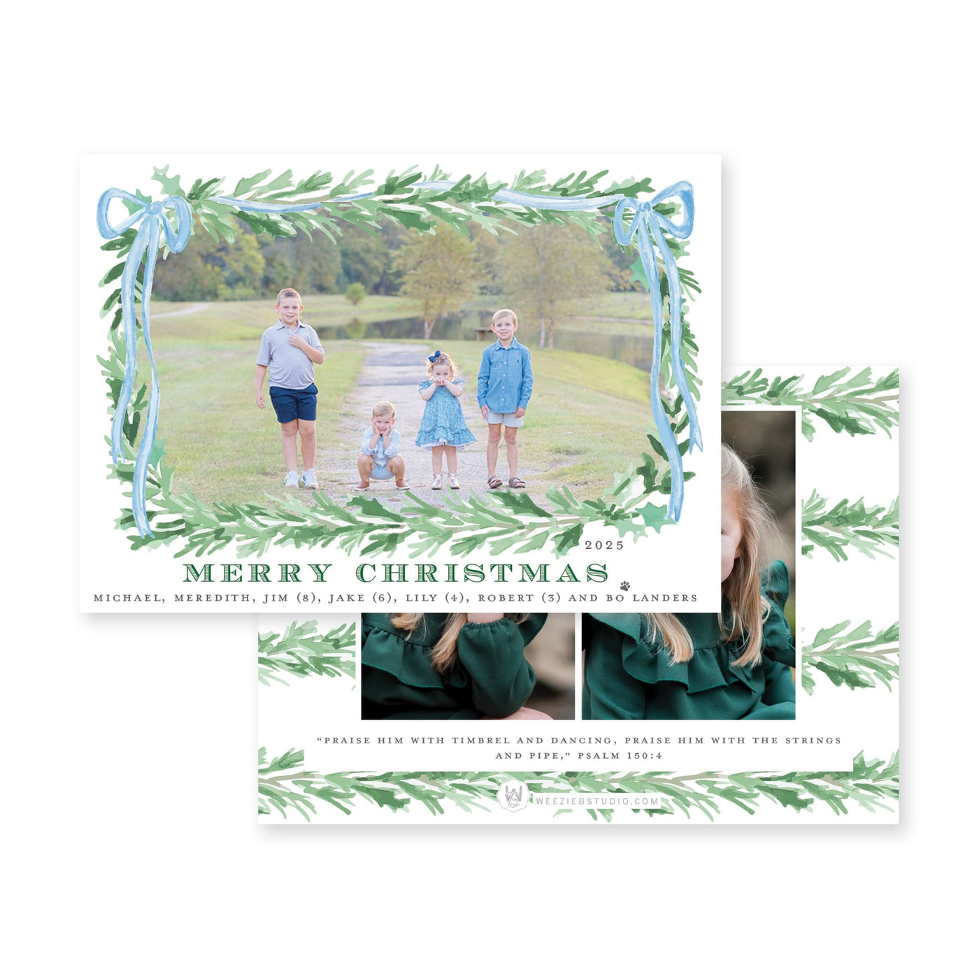 Evergreen Garland Bow Horizontal Christmas Card