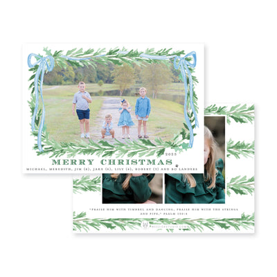 Evergreen Garland Bow Horizontal Christmas Card
