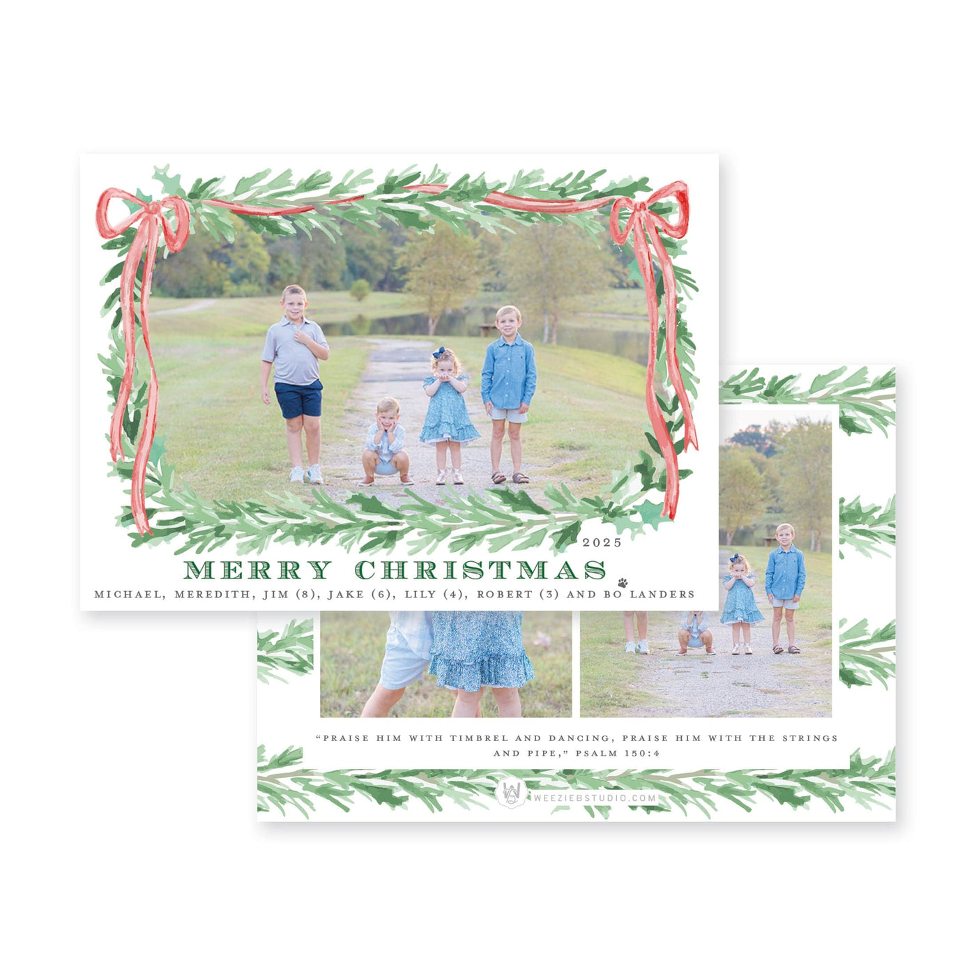 Evergreen Garland Bow Horizontal Christmas Card