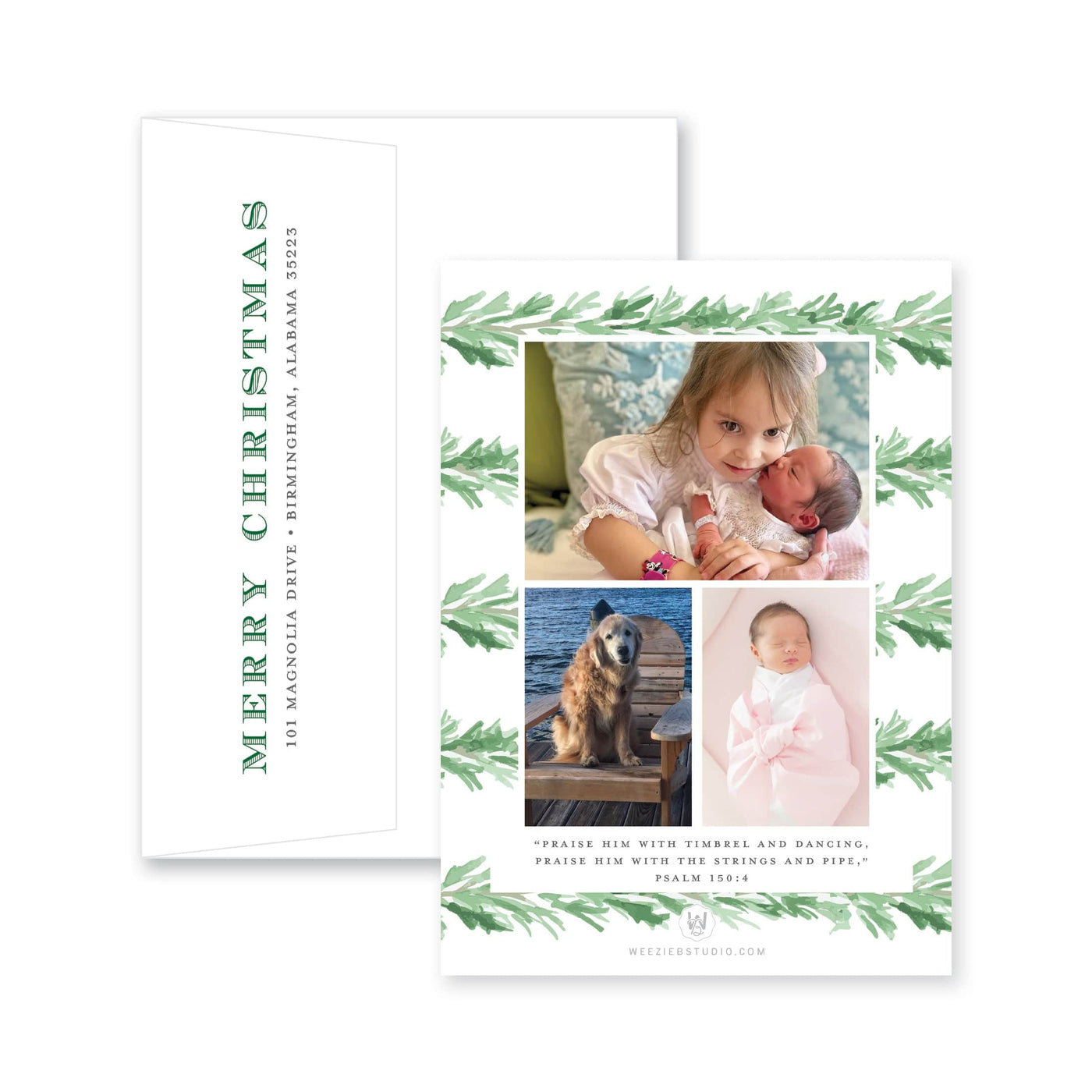 Evergreen Garland Bow Vertical Christmas Card