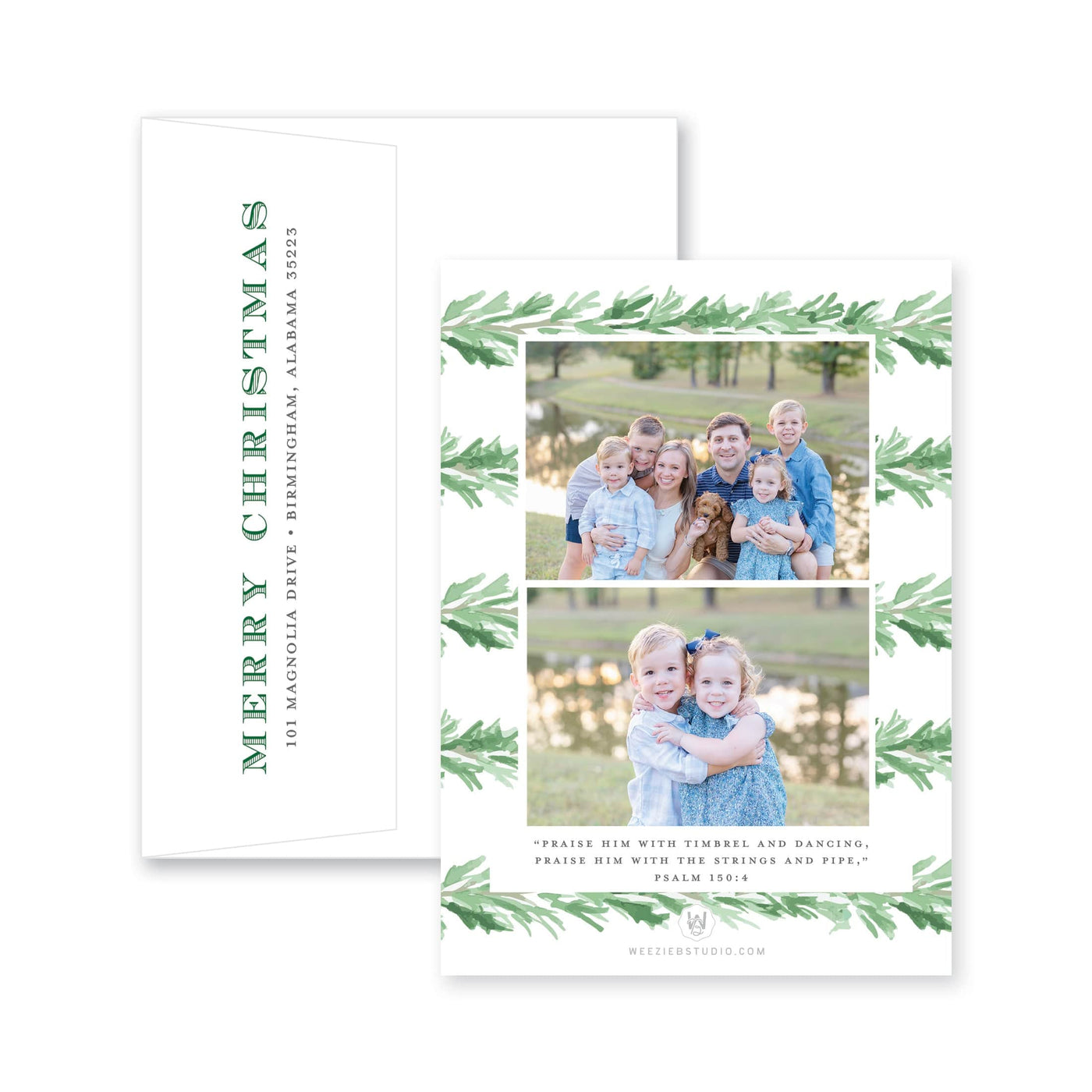 Evergreen Garland Bow Vertical Christmas Card