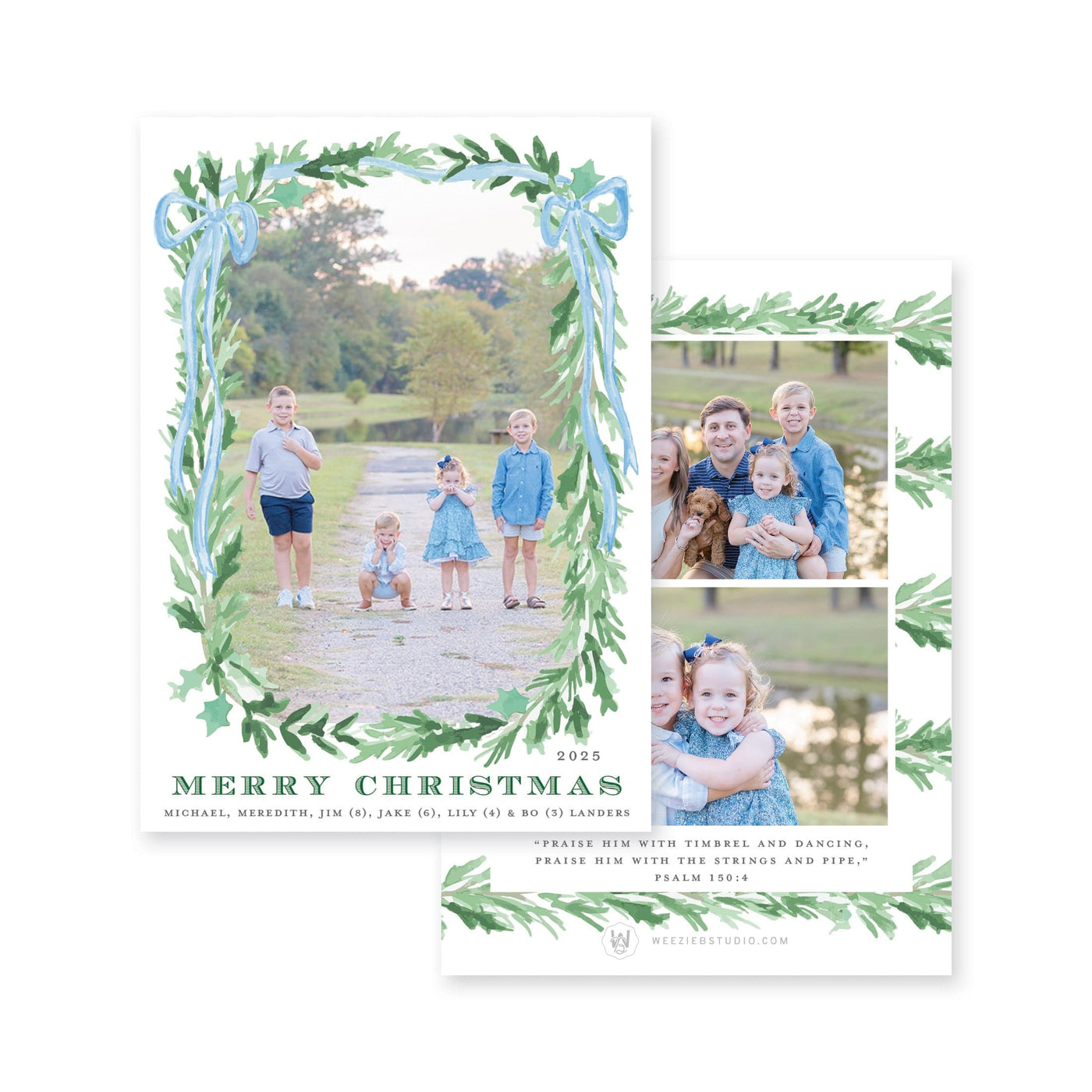 Evergreen Garland Bow Vertical Christmas Card