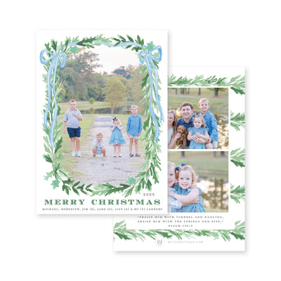Evergreen Garland Bow Vertical Christmas Card