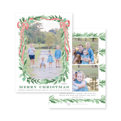 Evergreen Garland Bow Vertical Christmas Card