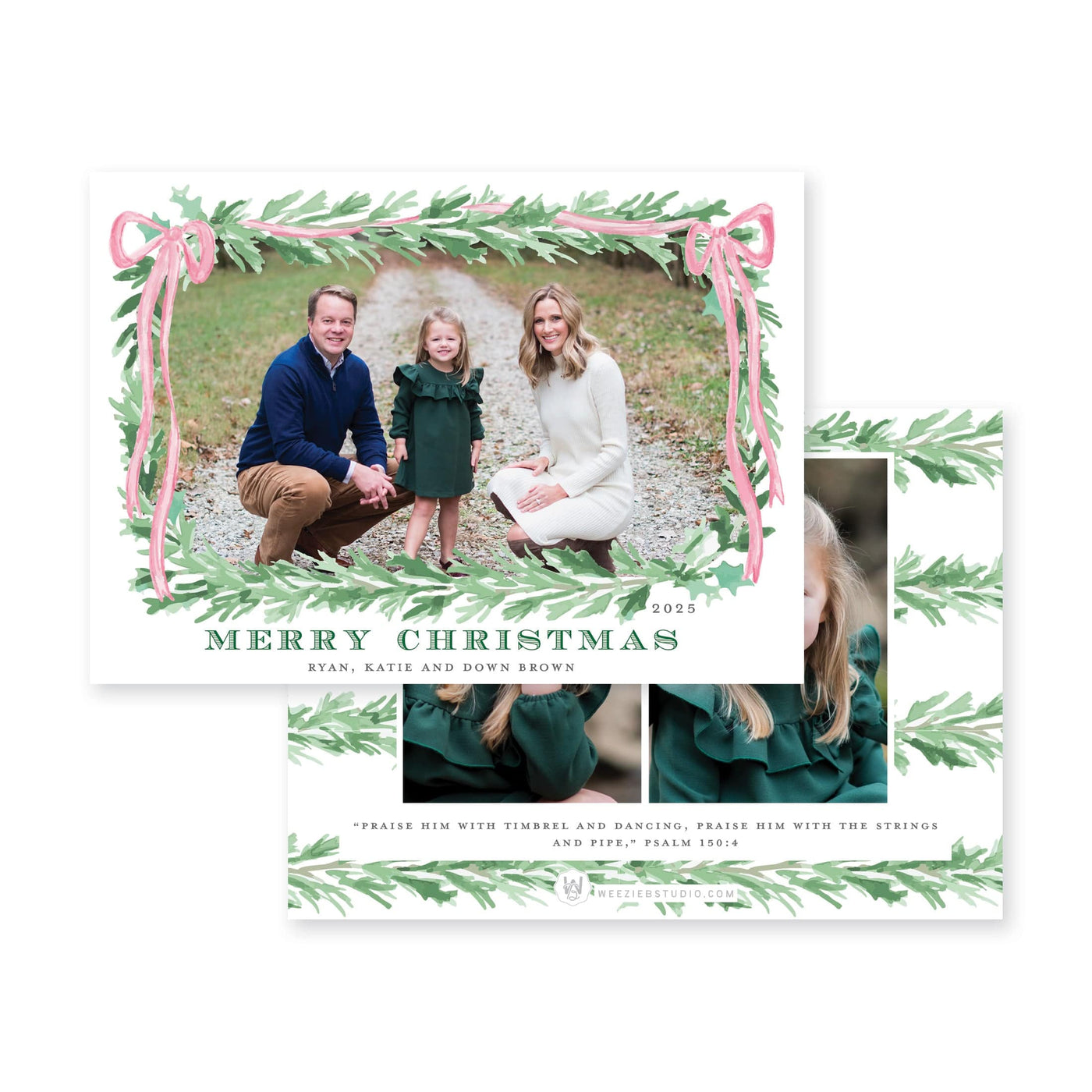 Evergreen Garland Bow Horizontal Christmas Card