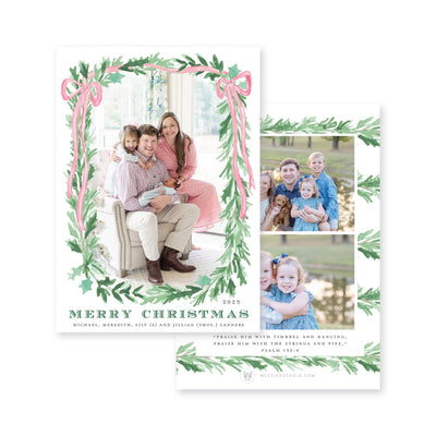 Evergreen Garland Bow Vertical Christmas Card