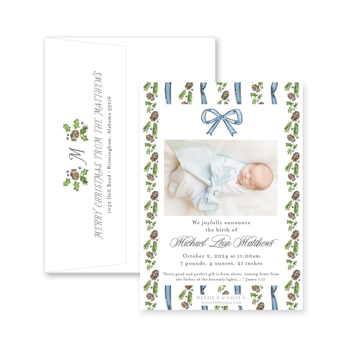 Pinecone Laurel Bow Announcement Christmas Card