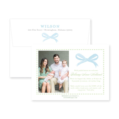 Sweet Bow With Greenery Horizontal Birth Announcement