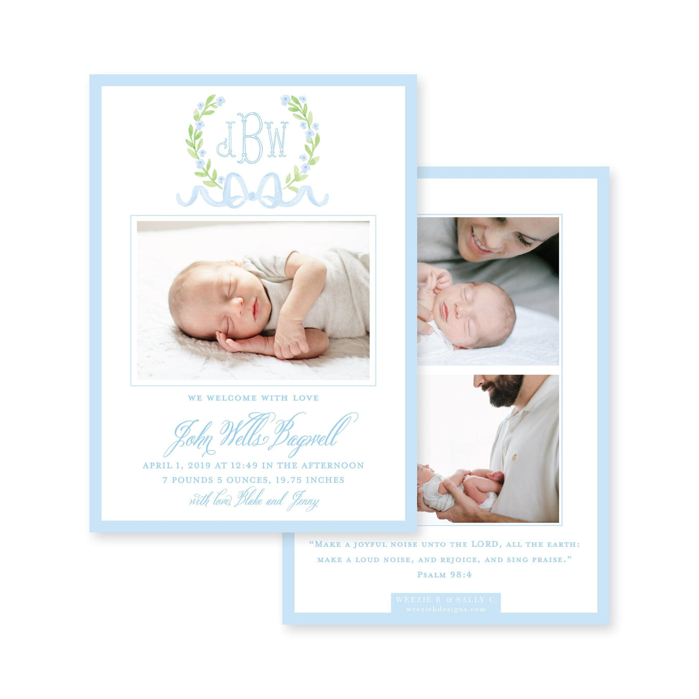 Sweet Watercolor Wreath and Bow Vertical Birth Announcement