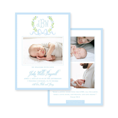 Sweet Watercolor Wreath and Bow Vertical Birth Announcement