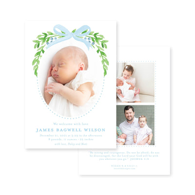 Sweet Bow With Greenery Vertical Birth Announcement