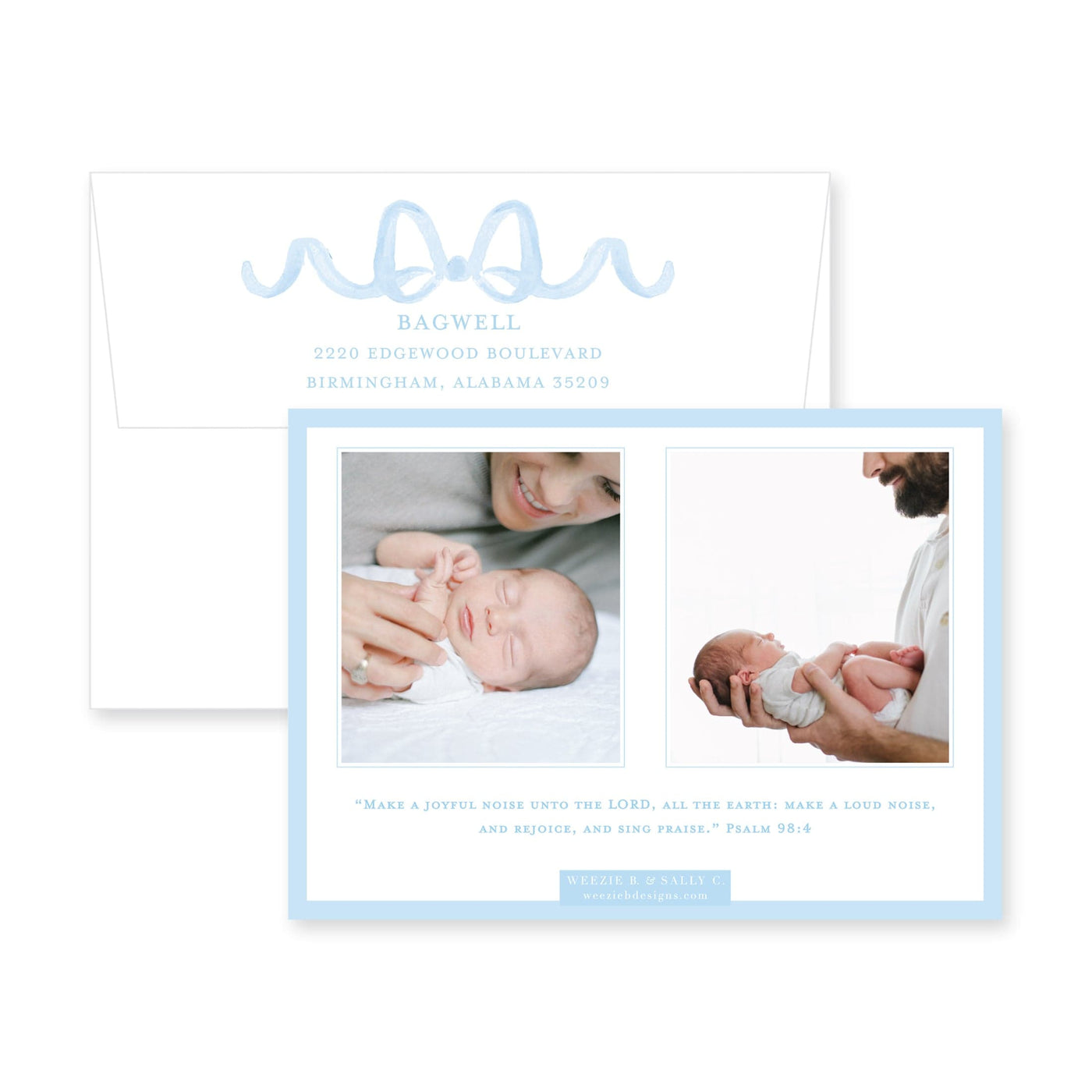 Sweet Watercolor Wreath and Bow Horizontal Birth Announcement