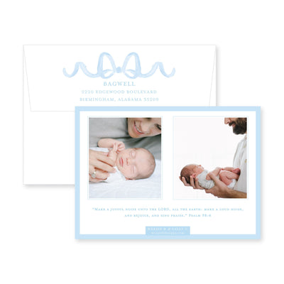 Sweet Watercolor Wreath and Bow Horizontal Birth Announcement