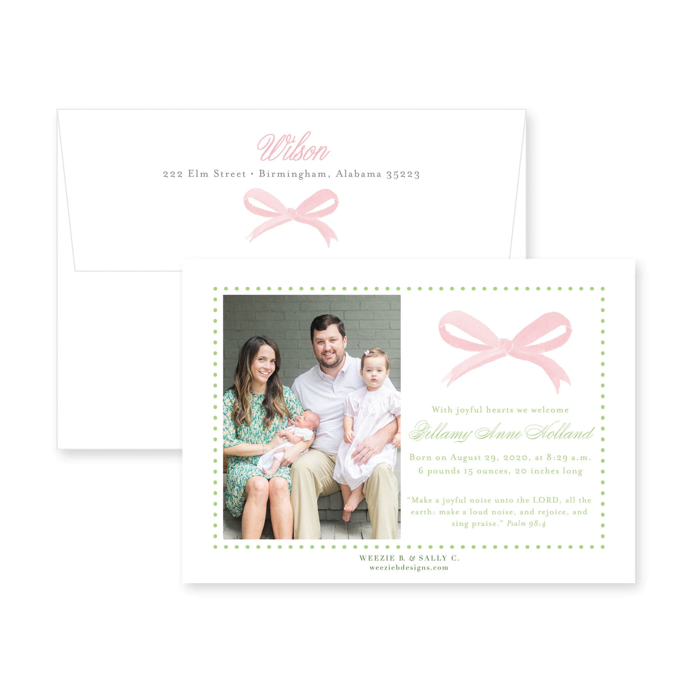 Sweet Bow With Greenery Horizontal Birth Announcement