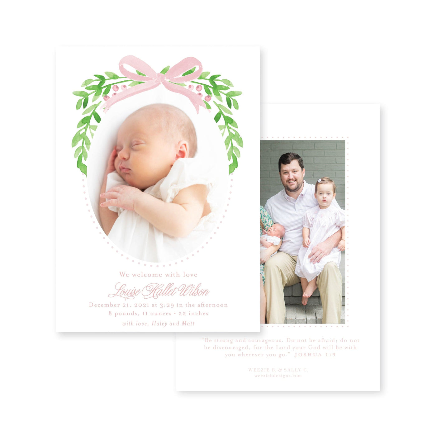 Sweet Bow With Greenery Vertical Birth Announcement