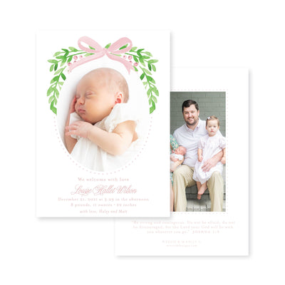 Sweet Bow With Greenery Vertical Birth Announcement