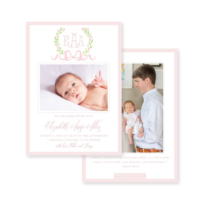 Sweet Watercolor Wreath and Bow Vertical Birth Announcement