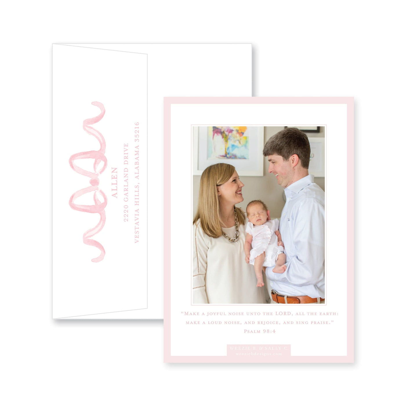 Sweet Watercolor Wreath and Bow Vertical Birth Announcement