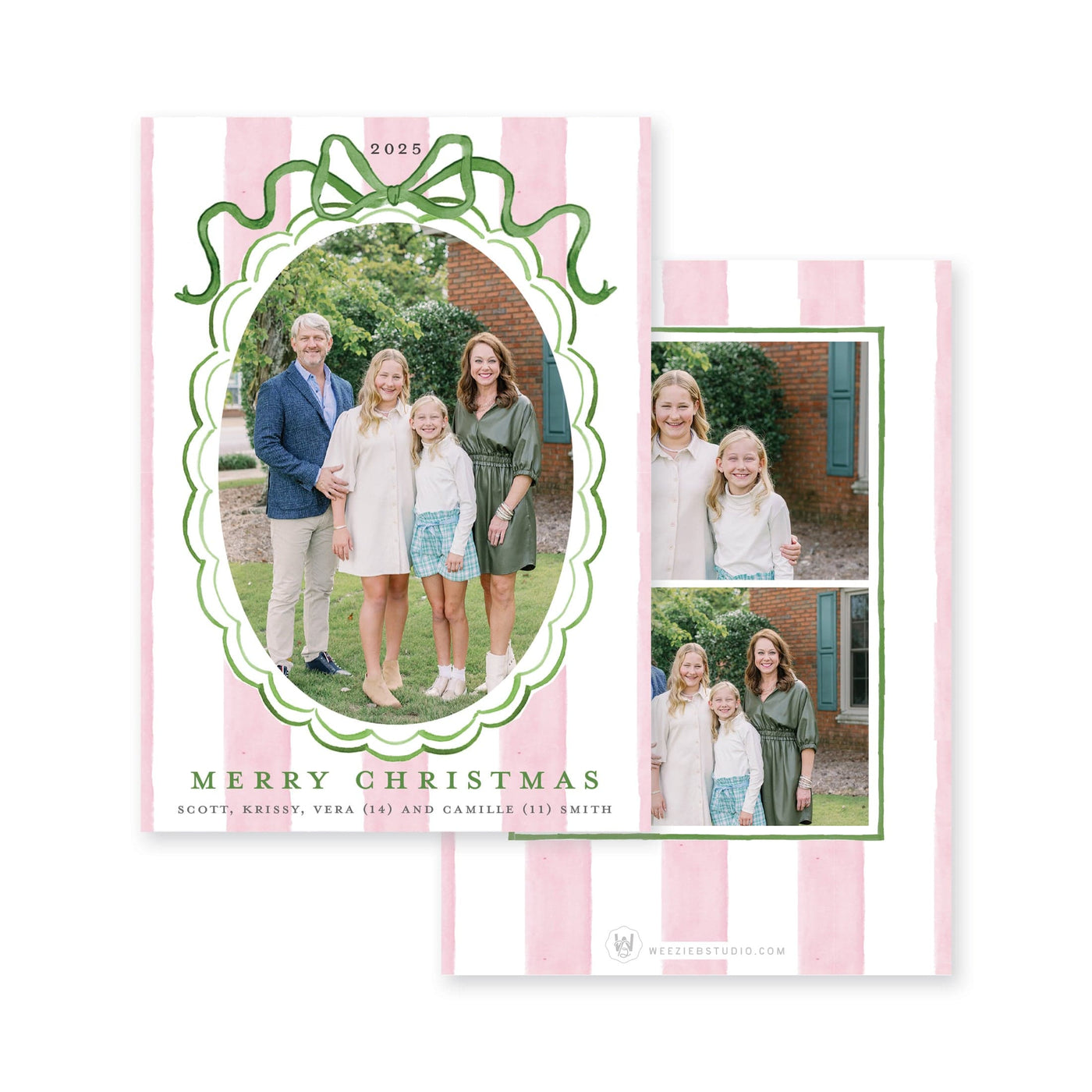 Striped Bow Frame Vertical Christmas Card