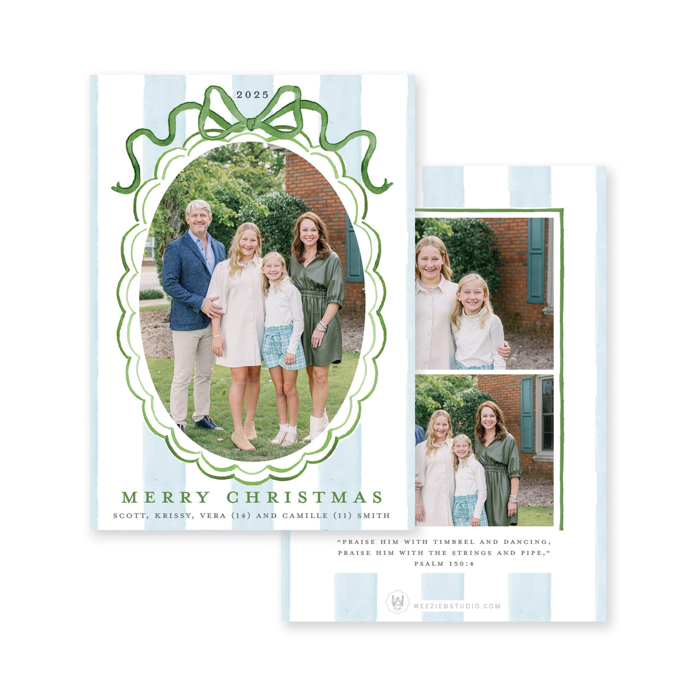 Striped Bow Frame Vertical Christmas Card