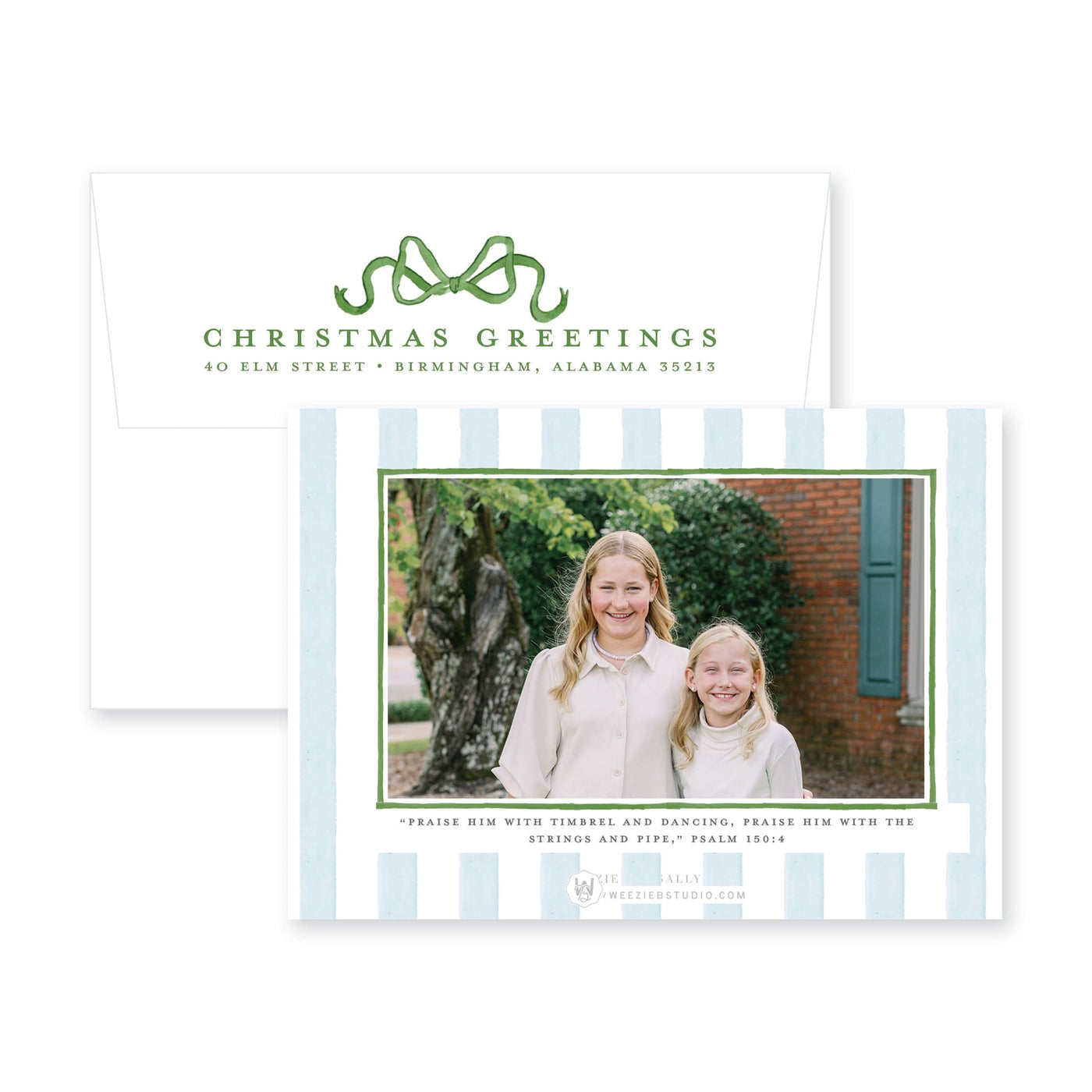 Striped Bow Frame Horizontal Christmas Card