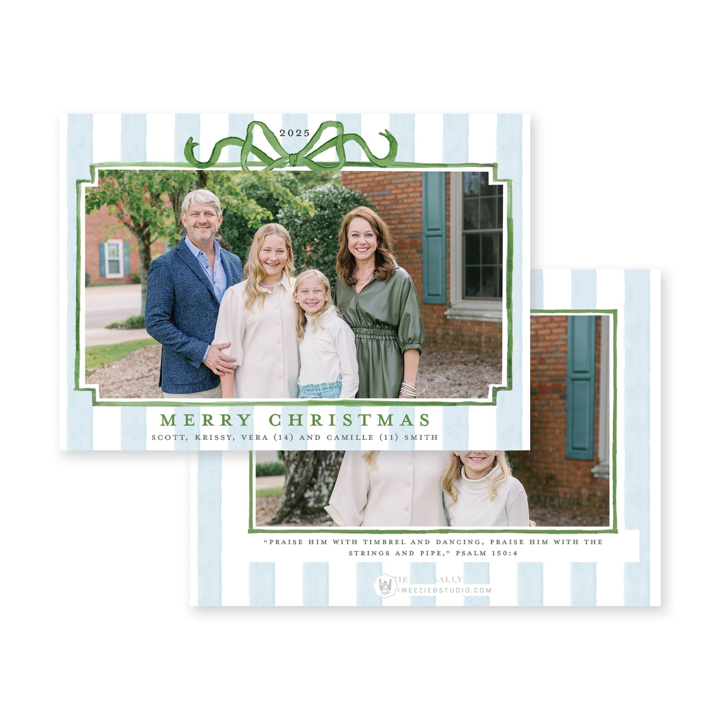 Striped Bow Frame Horizontal Christmas Card