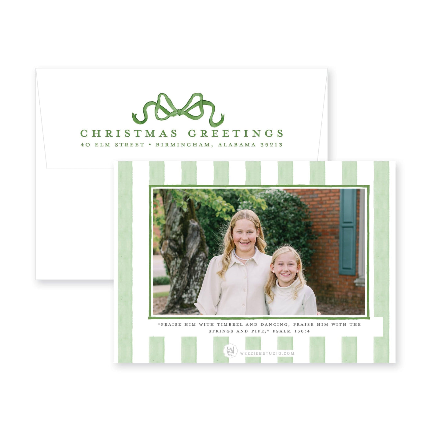 Striped Bow Frame Horizontal Christmas Card
