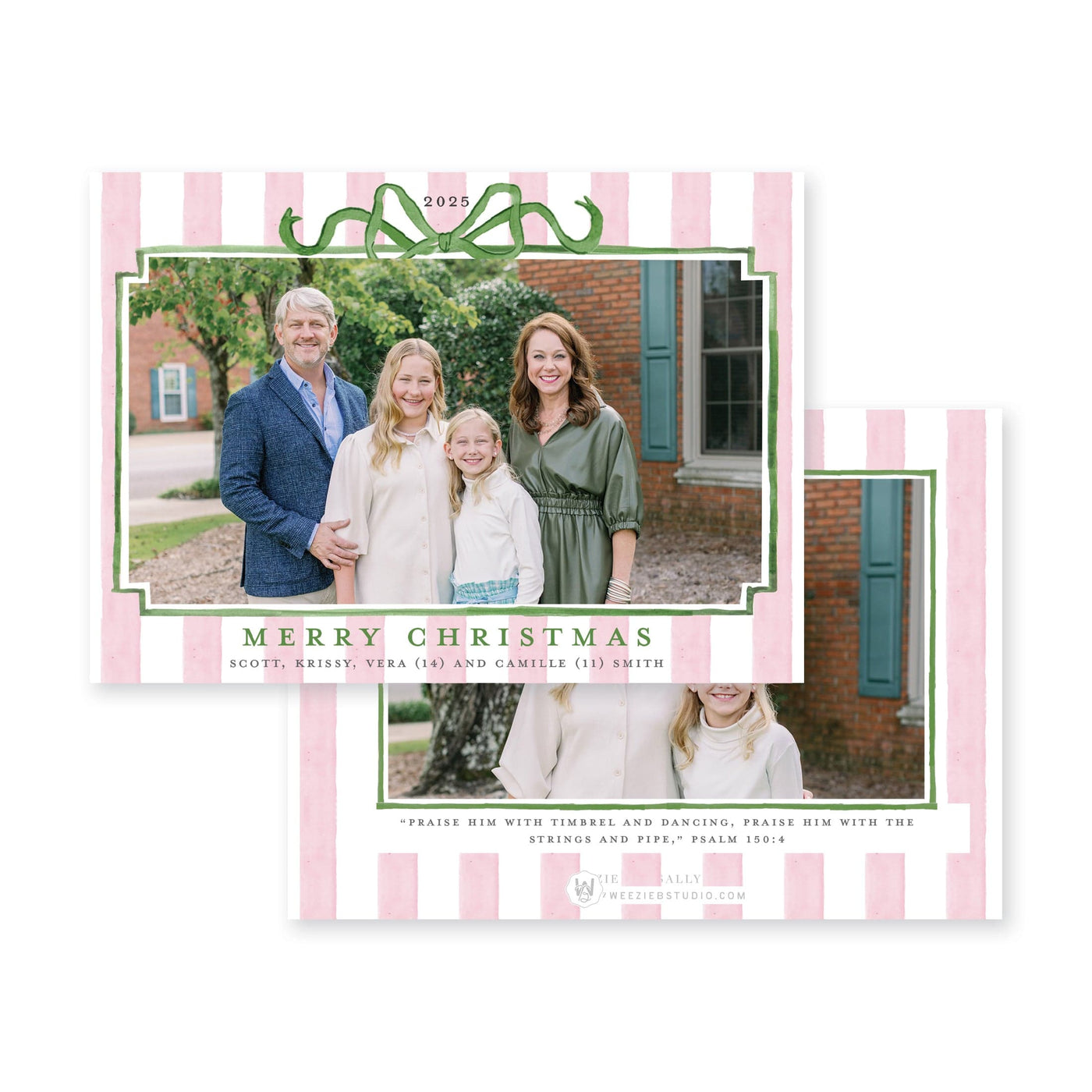 Striped Bow Frame Horizontal Christmas Card