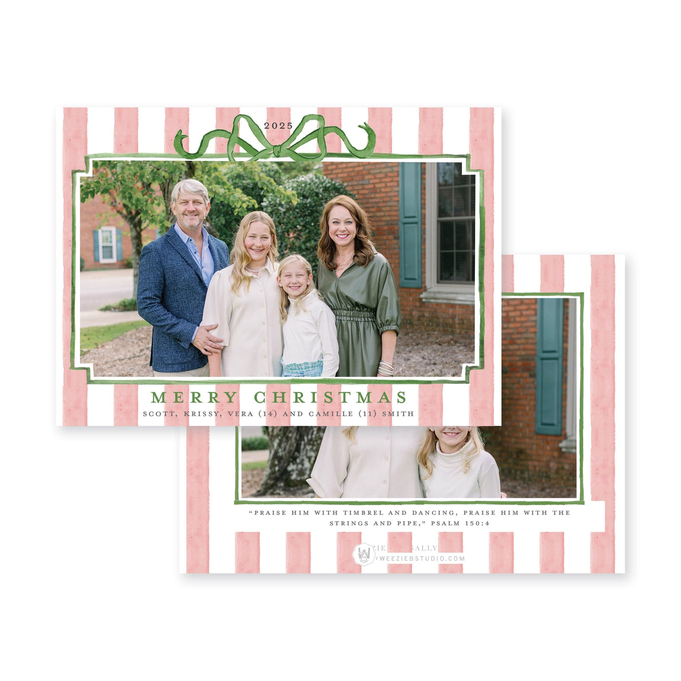 Striped Bow Frame Horizontal Christmas Card
