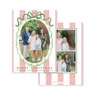 Striped Bow Frame Vertical Christmas Card
