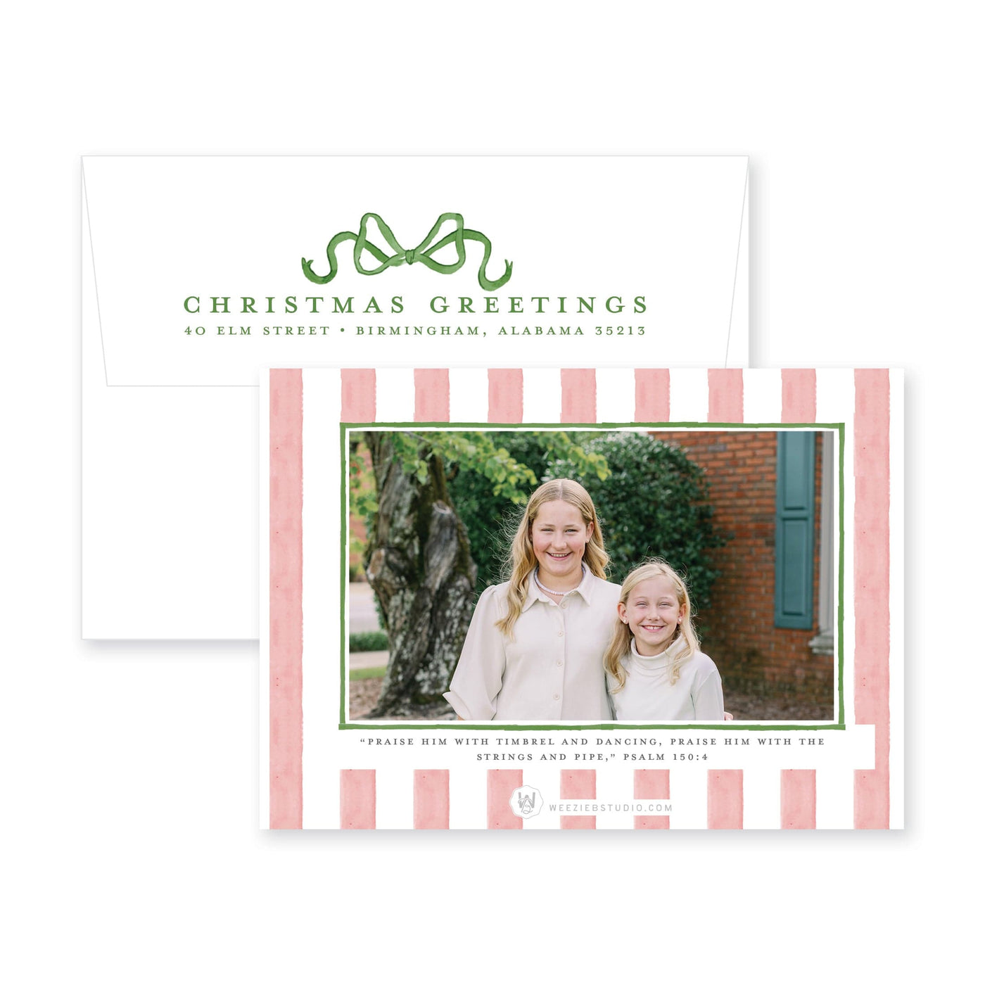 Striped Bow Frame Horizontal Christmas Card