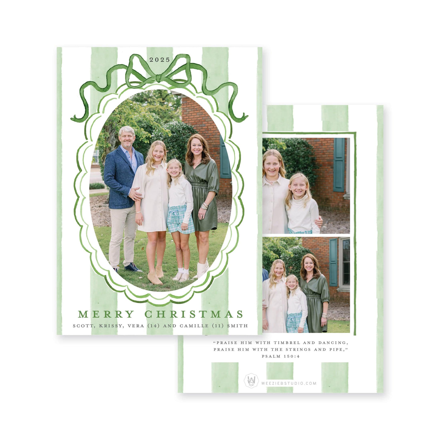 Striped Bow Frame Vertical Christmas Card