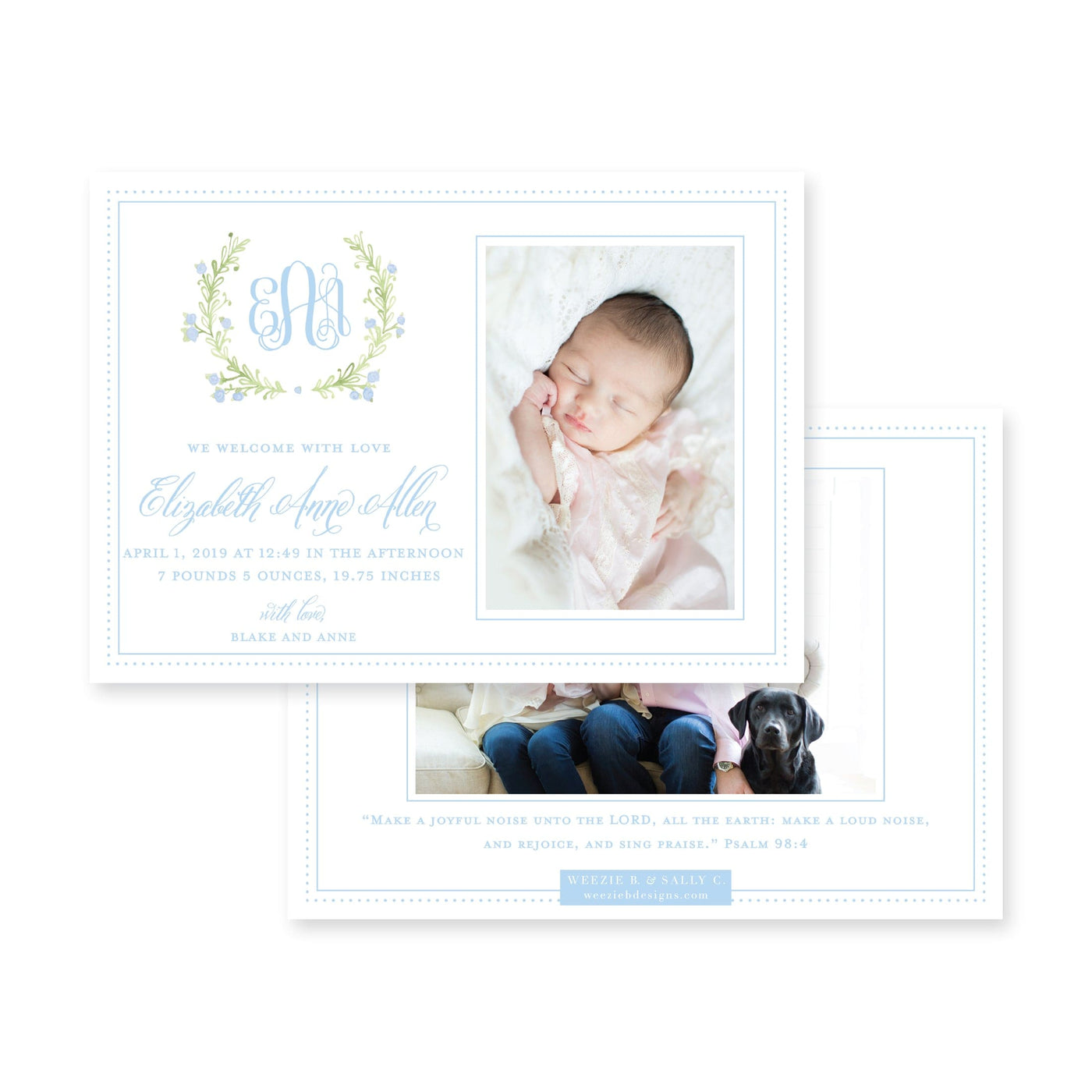 Sweet Watercolor Wreath Horizontal Birth Announcement