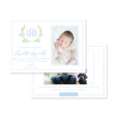 Sweet Watercolor Wreath Horizontal Birth Announcement