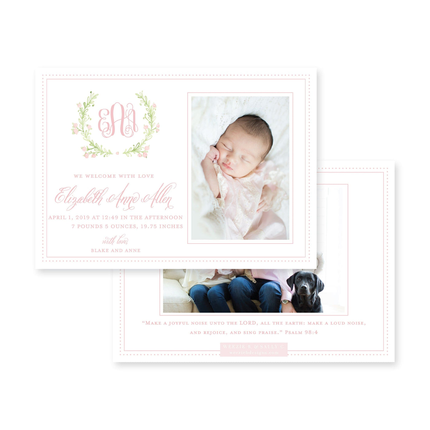 Sweet Watercolor Wreath Horizontal Birth Announcement