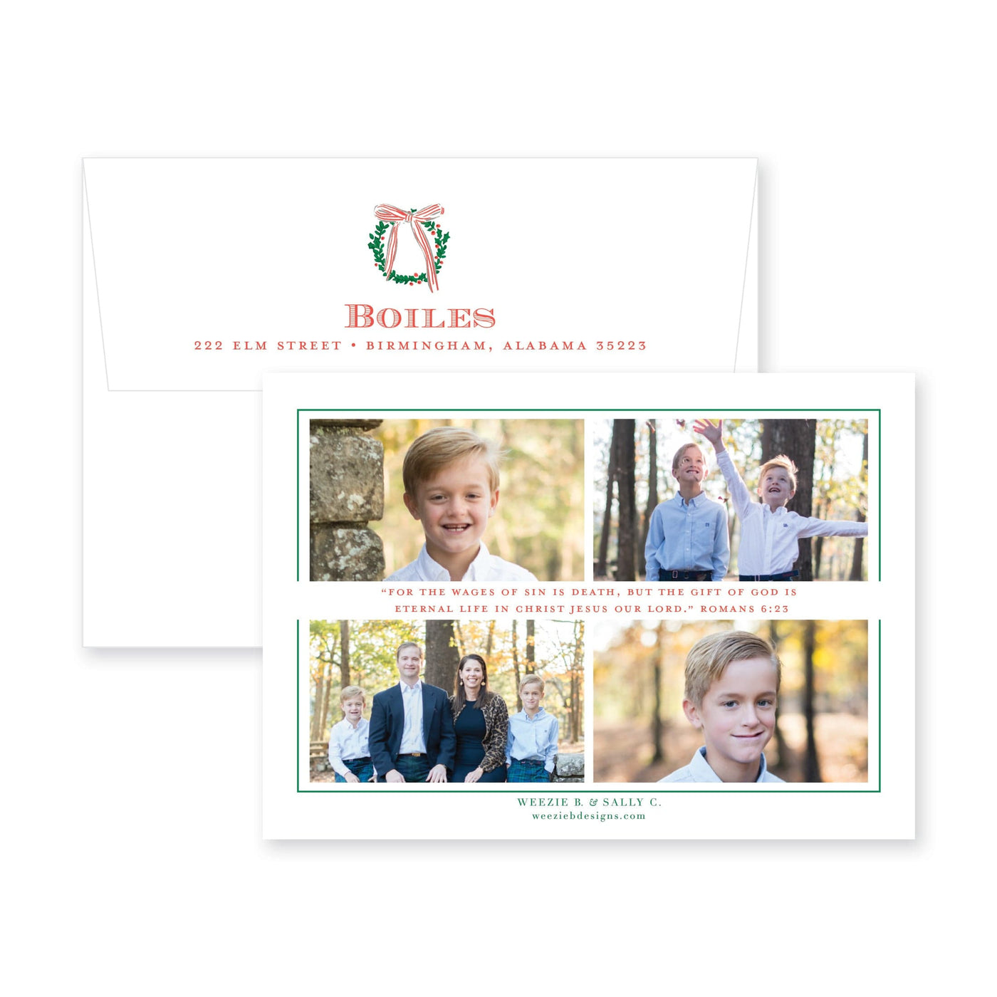 Simple Wreath with Blue Bow Horizontal Christmas Card