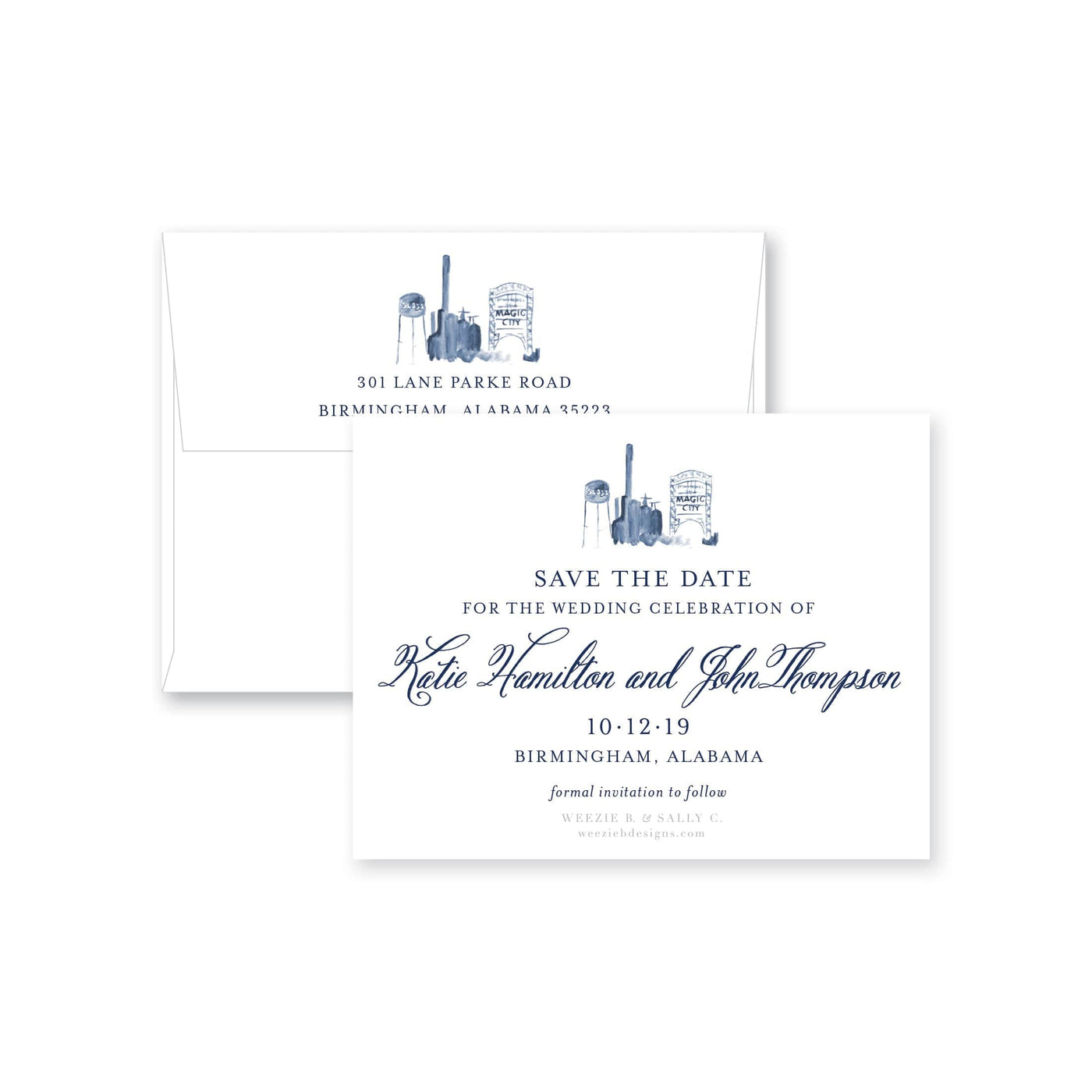 Weezie B. Designs | Birmingham Skyline in Watercolor Save-the-Date